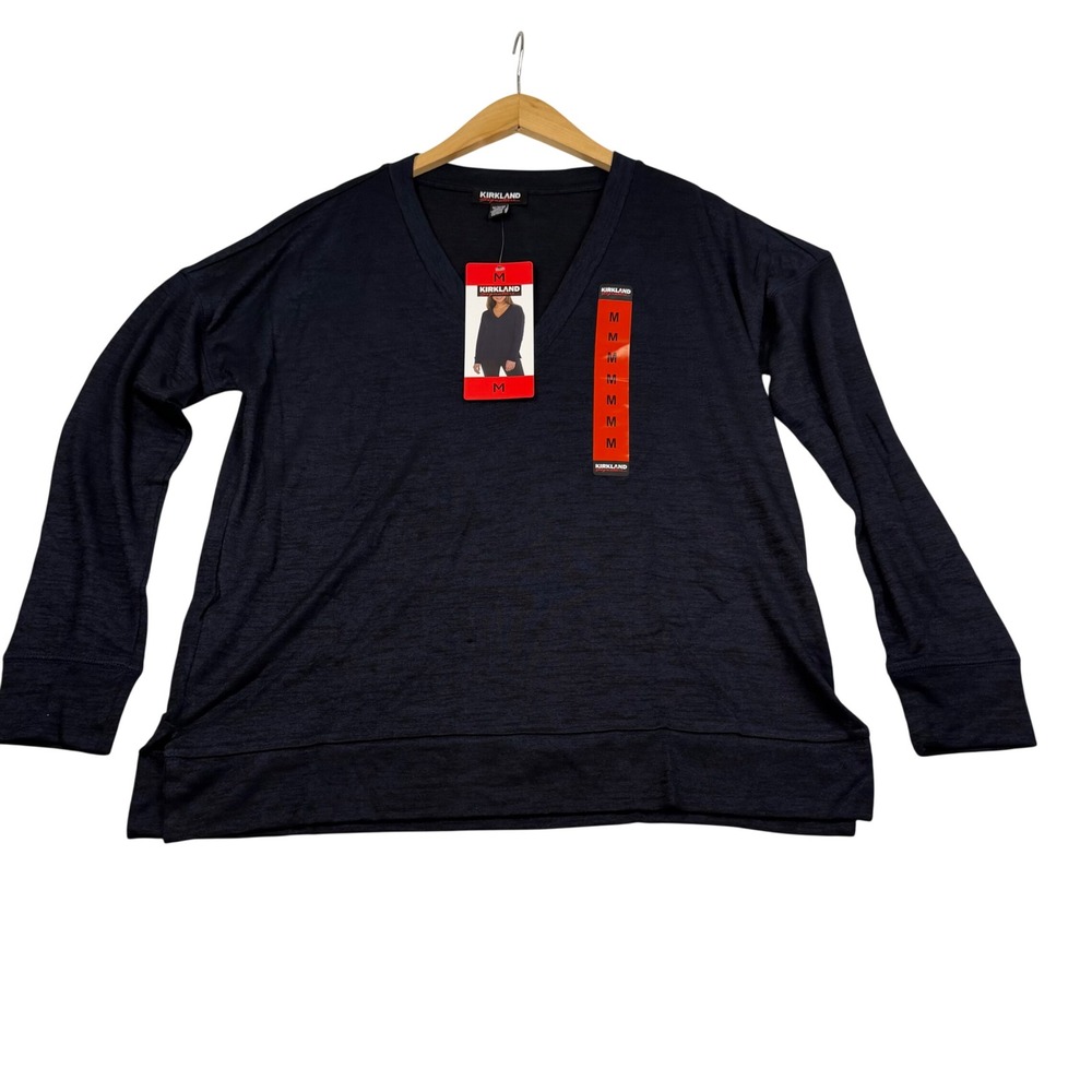 Kirkland Signature Womens Navy Blue Space Dye V-Neck Long Sleeve Top Size M NEW